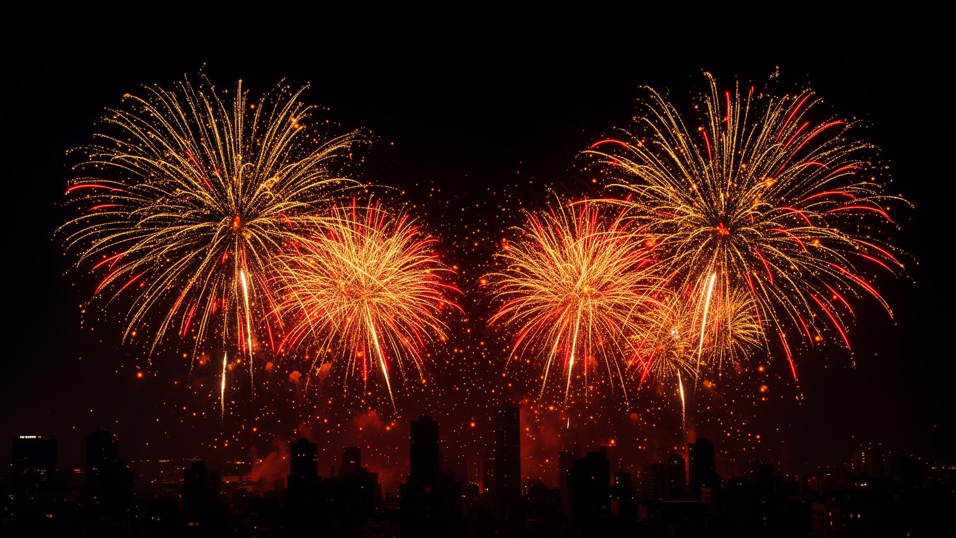 Golden and red fireworks over a night skyline